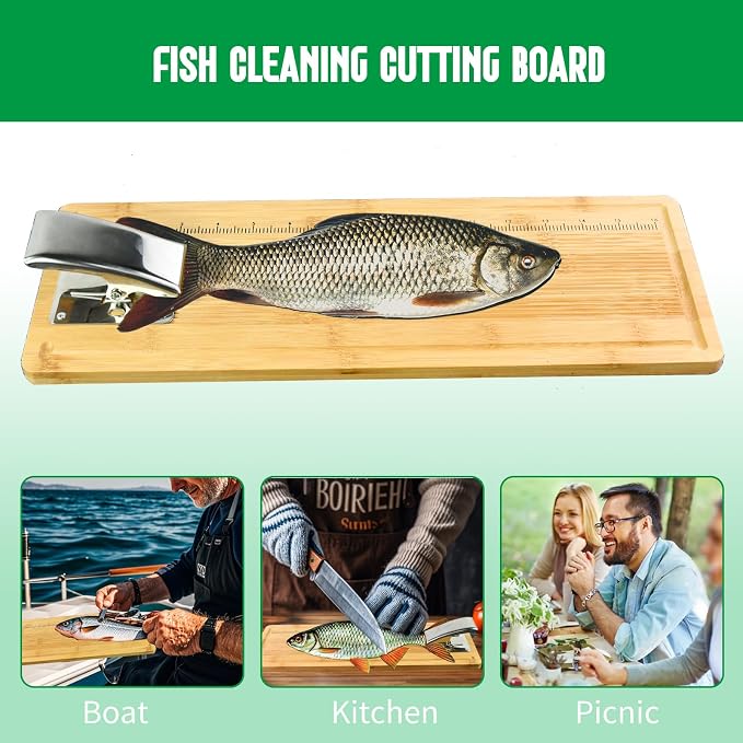 18" Bamboo Fish Cleaning Board Kit Anti-slip Fish Cutting Board Set Fish Filet Board with Scale Fish Measure Board Include Fish Fillet Knife, Clamp, Sharpener,Gloves, Fisherman Gifts