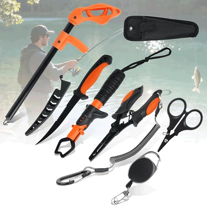 RAWILL Fishing Kit,Fishing Pliers with Lanyard,Fillet Knife,Fish Lip Gripper,Hook Remover, Scissors with Bungee Cords,As A Gift for Anglers