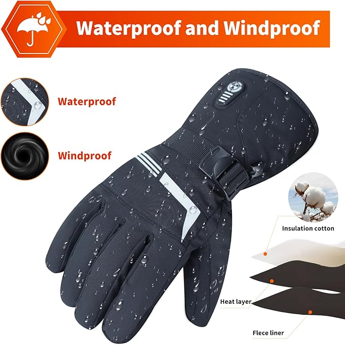 Heated Gloves 7.4V 3200mAh Waterproof Rechargeable Electric Gloves for Men Women with Touchscreen 5 Heating Temperature Adjustable for Winter Outdoor Work Skiing Hiking Hunting Camping Fishing