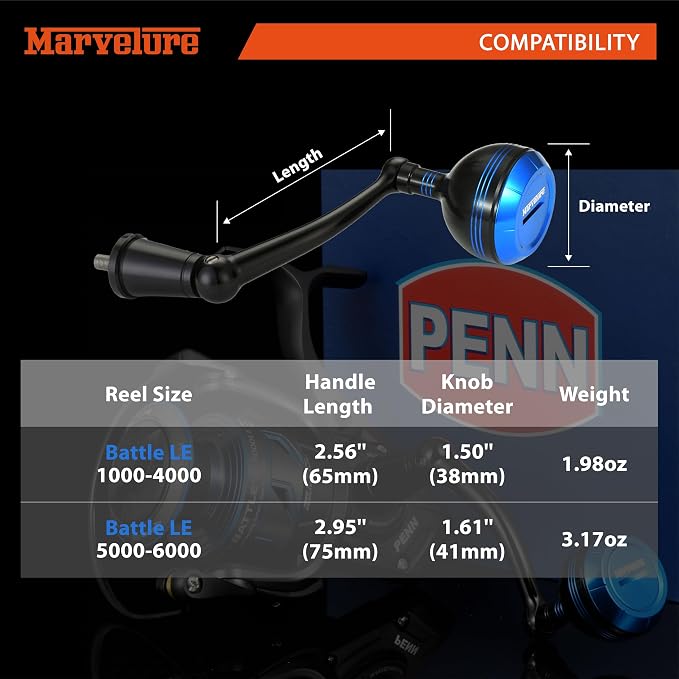 Foldable Power Handle for Penn Battle II III IV, Battle IV HS, Battle III LE Spinning Fishing Reel Replacement Handle