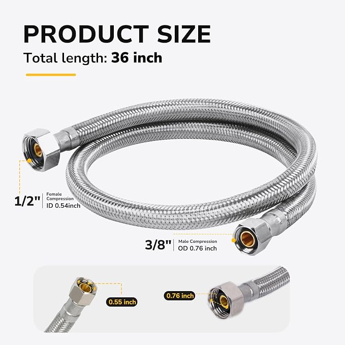 36" Faucet Supply Line, 3/8 inch Comp x 1/2 inch FIP Faucet Connector, Braided Stainless Steel Faucet Hose for Bathroom Sink and Kitchen, Leak-Resistant cUPC Certified Water Supply Line, 2 Pack