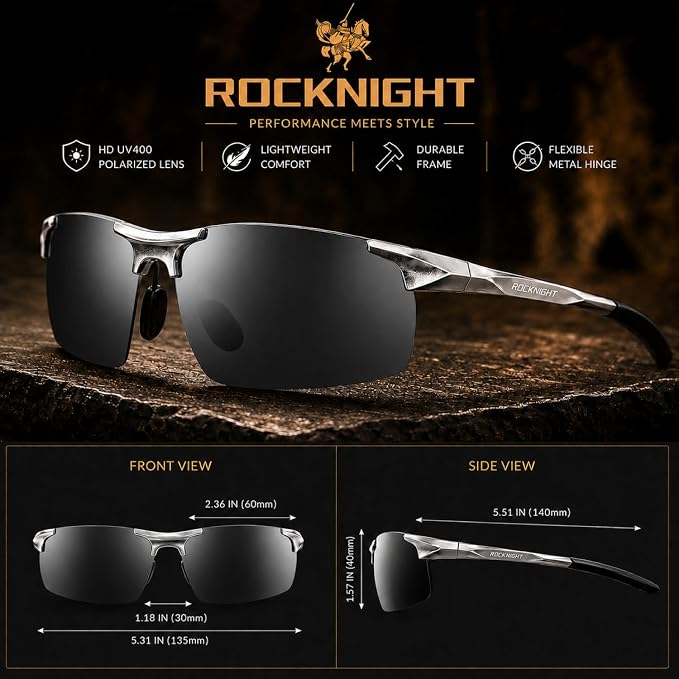ROCKNIGHT Polarized Rectangular Sunglasses for Men Driving UV400 Protection Lightweight Al‑Mg Frame