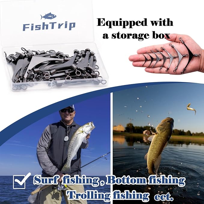 FishTrip 3 Way Swivel Fishing - 15pcs 3way Rolling Swivels Fishing Tackle Stainless Steel for Fishing Rigs Saltwater