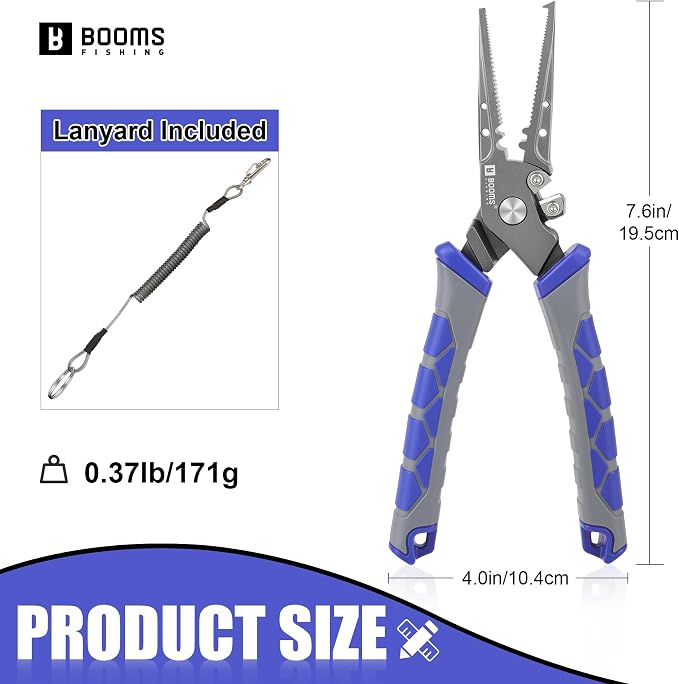 Booms Fishing Pliers Hook Remover: 7.5" Split Ring Pliers and Fish Hook Remover for Saltwater and Freshwater - Braid Line Cutter & Crimper with Lanyard - XW15 Multi-Function Fishing Tool for Angles