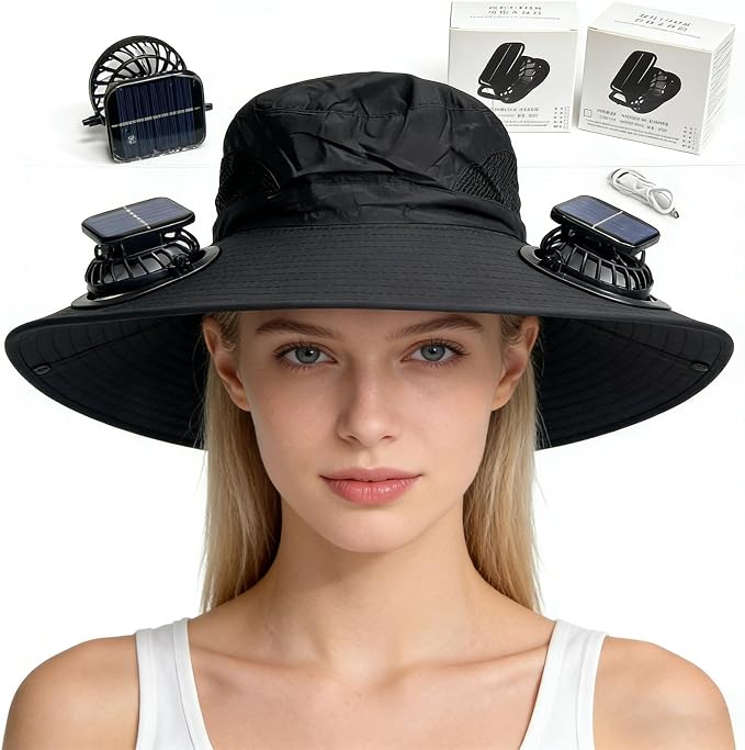 Solar Fan Hat, Hat with Fans Solar Power,Solar Powered Fan Hat for Outdoor Fishing, Hiking Gardening, USB Solar Charging Includes 2 Solar Fans(Black-XL)