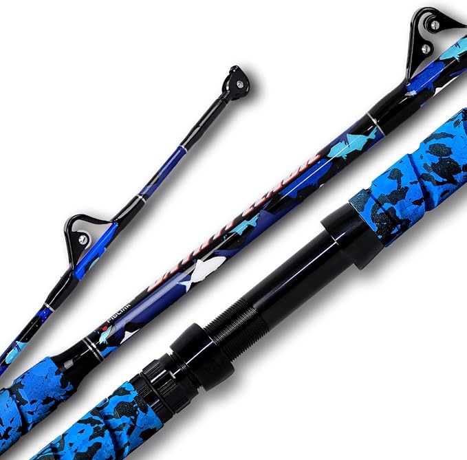 Fiblink Saltwater Fishing Rod 1Piece/2Piece Offshore Trolling Rod Big Game Deep Sea Rod Conventional Boat Blue Camouflage Fishing Pole(5'6"/6'/7')