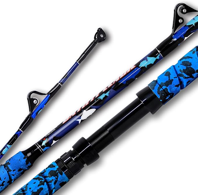 Fiblink Saltwater Fishing Rod 1Piece/2Piece Offshore Trolling Rod Big Game Deep Sea Rod Conventional Boat Blue Camouflage Fishing Pole(5'6"/6'/7')