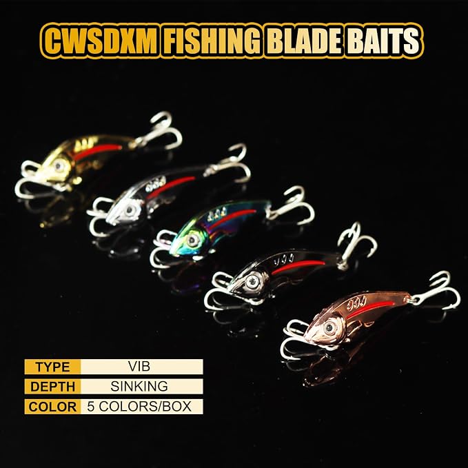 VIB Metal Lures Zinc Alloy Fishing Blade Spinner Bait with Treble Hooks Fishing Spoons Lures Pack of 5