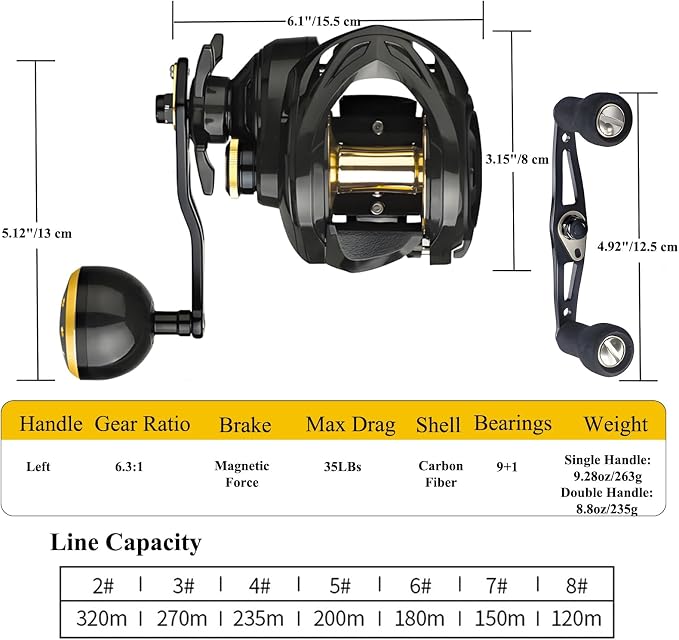 Carbon Fiber Baitcasting Reel, Baitcasting Fishing Reel for Trout Fishing, 35lbs Max Drag, 6.3:1 Gear Ratio, Double Row Magnetic Brake