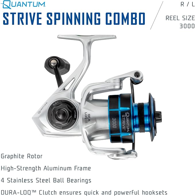 Quantum Strive Spinning Reel and Fishing Rod Combo, Graphite Composite Blank, 4+1 Bearings, Silver/Blue