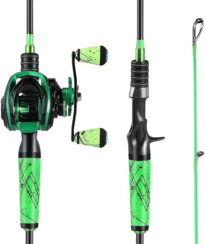 One Bass Fishing Rod and Reel Combo, Medium Fast Baitcasting Combo, 24-Ton Carbon Fiber 2 Pieces Fishing Poles with Baitcaster Reel Super Polymer Handle