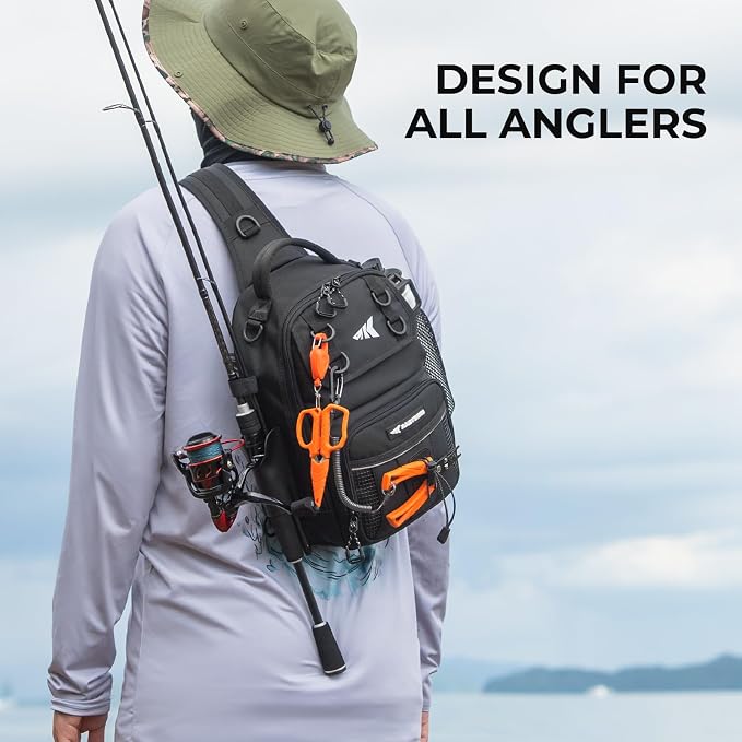 KastKing BaitSpace Fishing Sling Bag, Fishing Backpack with Rod & Beverage Holder, Tackle Bag for Fishing Gear