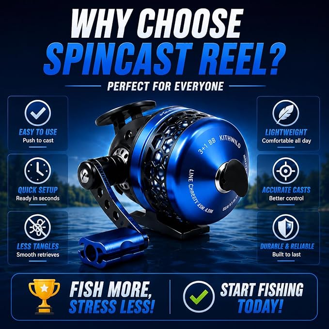 Spincast Fishing Reel, 3.9:1 Gear Ratio, Pre-Spooled, Left/Right Hand Reversible, Aluminum, Black, for Freshwater Trout, Catfish and Bass