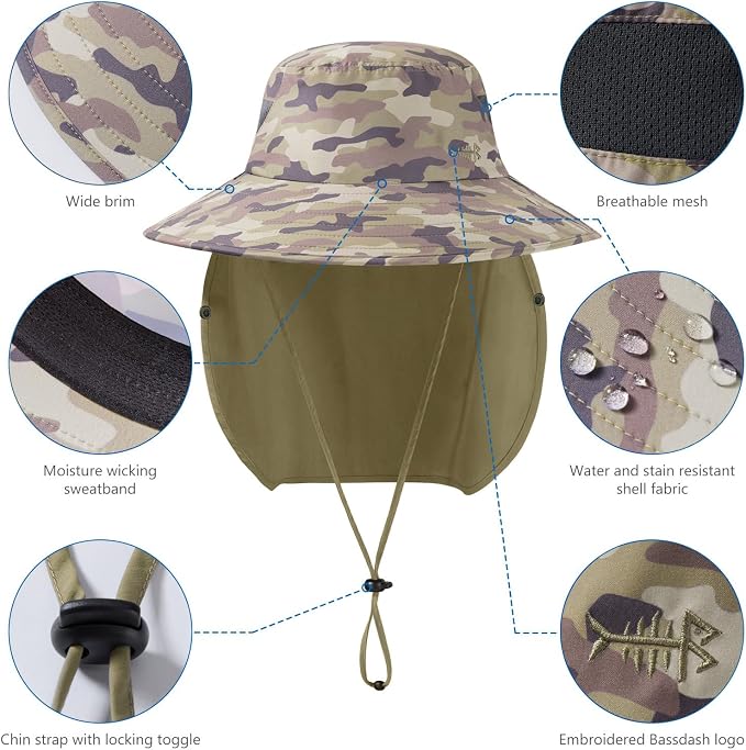 BASSDASH UPF 50+ Breathable Sun Hat with Removable Face Cover and Neck Flap Wide Brim Bucket Hat for Fishing Hiking Men Women
