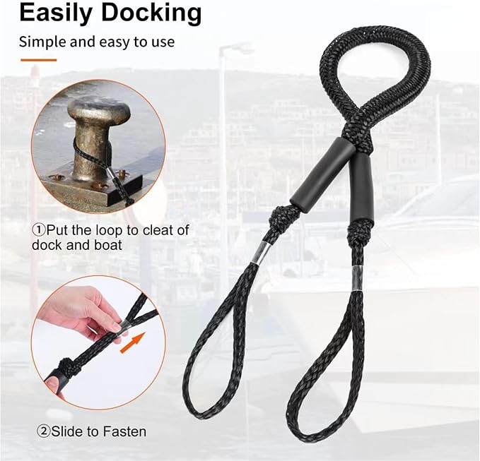 Boat Bungee Dock Lines, Mooring Rope for Docking with Loop, Boat Ropes, Boat Accessories, Quick and Easy Dock for PWC, Kayak, Seadoo, WaveRunner, Pontoon, Bass Boat (Black)