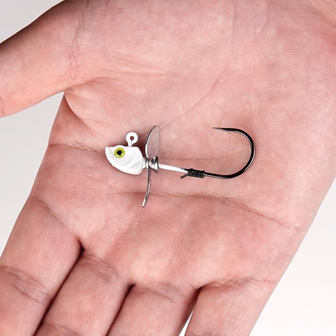 10-Pack Asymmetrical Spin Fishing Jig Head, 100% Brass Blade with Hand-Tied Bait Keeper for Bass 1/8 /3/16 1/4 3/8 & 1/2oz