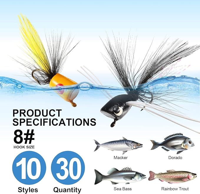 30 Pieces Fishing Lures Kit Bass Poppers Lures Colorful Fishing Bait with Hooks for Freshwater Panfish Assortment(Size 8,Chic Colors)
