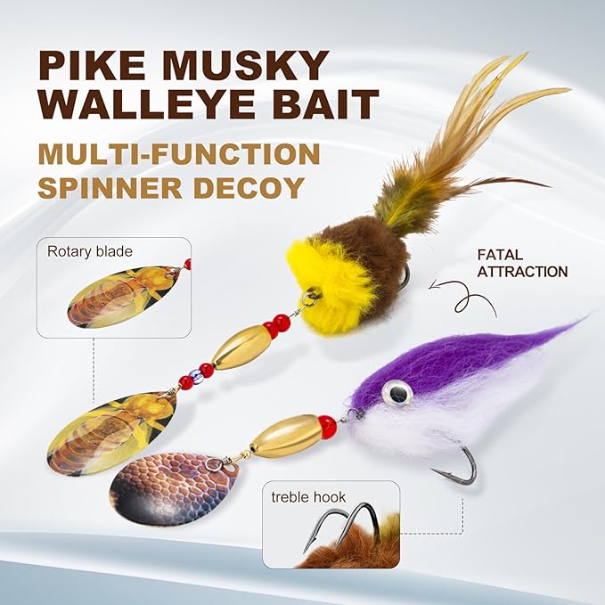 Pike Musky Walleye Fishing Lure Spinnerbait with Feathered Hooks Rooster Tail Fishing Lures Spoon Lures Baits with Tackle Box