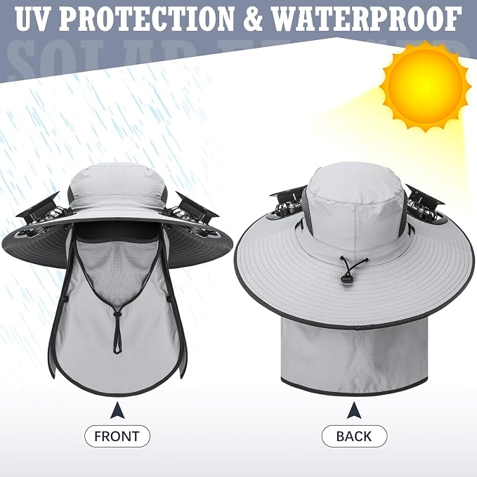 Glitopper 2 Pcs Solar Fan Hat with 2 Fan Wide Brim Removable Face Cover Cooling Fishing Buckets Hats