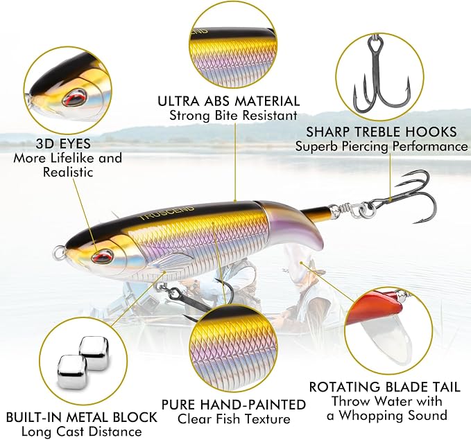TRUSCEND Popobait Easy Catch Fishing Lures with BKK Hooks, Instant Startup, Longer Cast, Balanced Spray/Sound/Swim, Plopper Topwater Lures for Bass, Trout, Pike, Walleye, Freshwater Saltwater Fishing