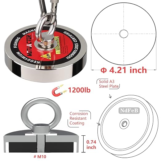 MUTUACTOR Fishing Magnet Kits Heavy Duty,1200lb Super Strong Noedymium Rare Earth Magnets with 65Ft Rope,Anti-Slip Gloves,Waterproof Bag,Plastic Scraper for Retrieving Treasure in Rivers