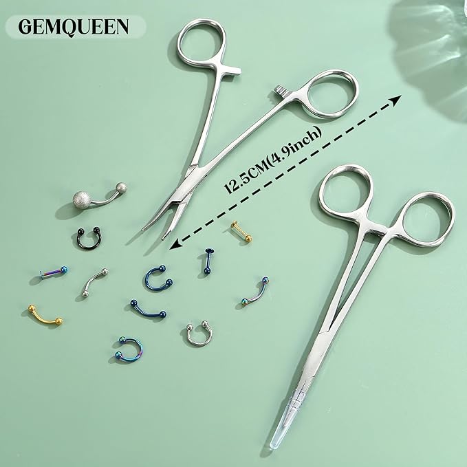 GEMQUEEN Piercing Taper Pliers Ball Grabber Tool for Changing Jewelry - Curved and Straight Forceps Stainless Steel Flat Back Earrings Insertion Tool Threadless Body Piercing Kit for Ear Nose Lip 8pcs