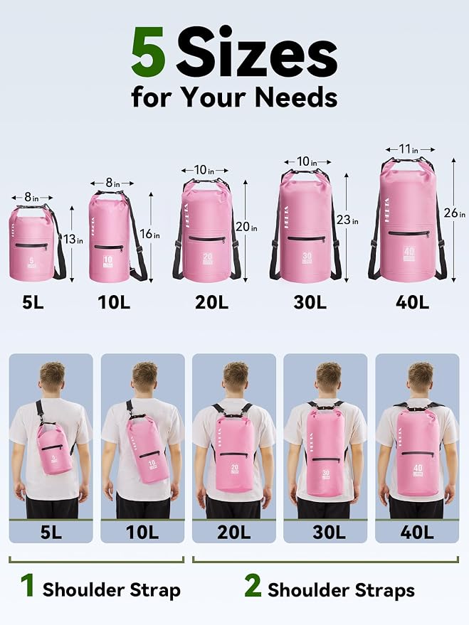 HEETA Waterproof Dry Bag with Front Zippered Pocket for Women Men, 5L/10L/20L/30L/40L Roll Top Lightweight Dry Storage Bag Backpack for Travel, Kayaking, Boating, Rafting, Camping, Hiking & Beach