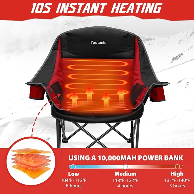 Youtanic Oversized Extra Large Heated Padded Camping Chair up to 500lbs, 3 Heat Levels Camp Chair with Carry Bag, Outdoor Heating Folding Chairs for Adults, Fishing, Sports, Picnic, Red-Black