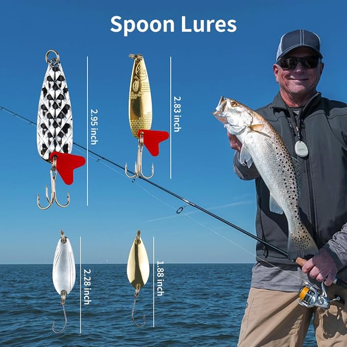 GOANDO Fishing Lures Kit for Freshwater Bait Tackle Kit for Bass Trout Salmon Fishing Accessories Tackle Box Including Spoon Lures Soft Plastic Worms Fishing Gifts