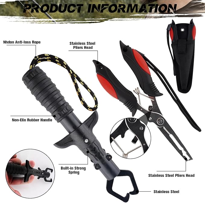 Hikary 10 Pcs Fishing Tool Kit,Folding Fishing Net Set with Storang Bag,Pliers with Lanyard and Protective Sheaths,Hook Remover,Fish Gripper,Fish Scale,Scissors for Fisherman Travel Gifts