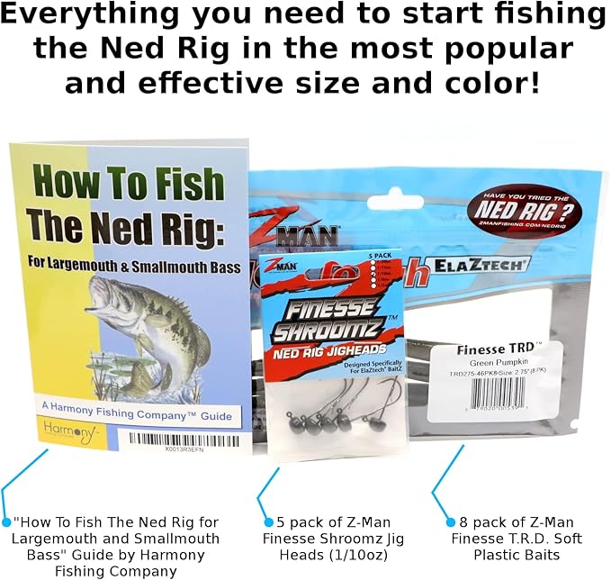 Ned Rig Kit - Z-Man Finesse T.R.D. 8pk + Finesse Shroomz Jig Heads 5pk (Green Pumpkin) + How to Fish The Ned Rig Guide