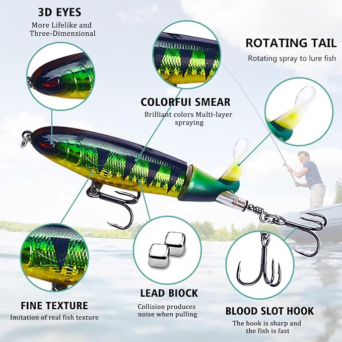 Topwater Fishing Lures With Storage Box, Whopper Popper for Bass, Catfish, Pike, Perch - Floating Pencil Bait With Rotating Tail for Freshwater or Saltwater