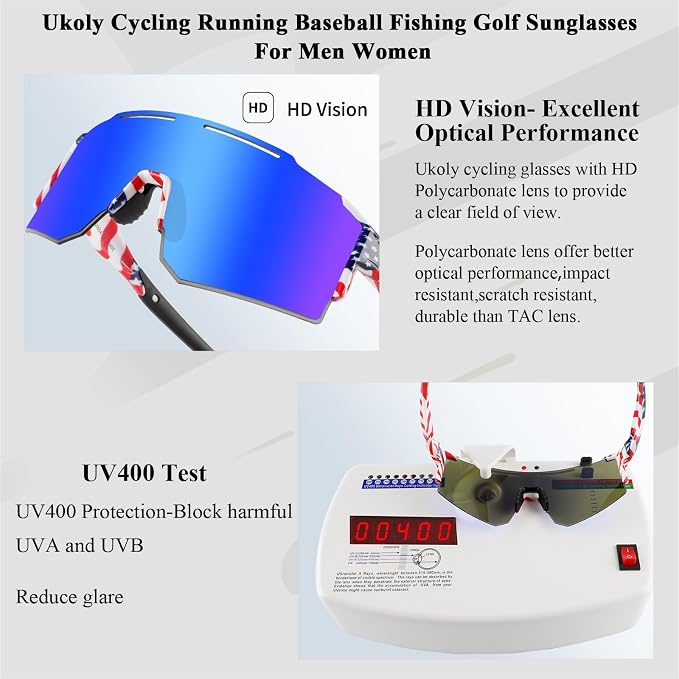 Ukoly Cycling Sunglasses for Men Women with 3 Interchangeable Lenses, Polarized Sports Sunglasses, Baseball Sunglasses