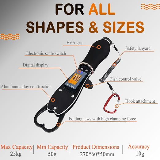 Digital Fish Lip Gripper with Scale Max 25kg/55lb,360° Swivel Non-Slip Handle, Aluminum Alloy, Easy Catch & Release, Fishing