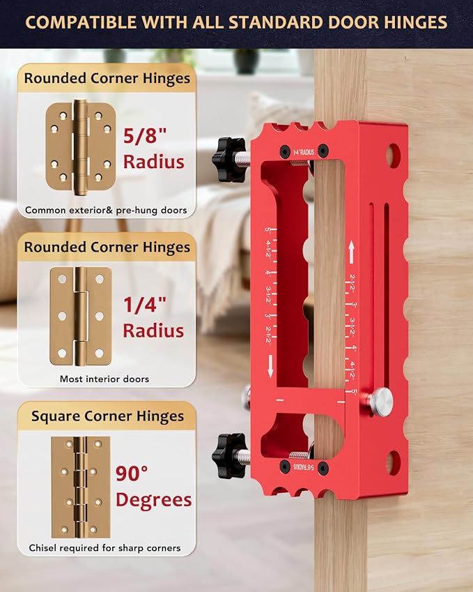 Door Hinge Jig Tool for Router, Adjustable Aluminum Alloy Mortise Jig Fits Door Hinges 2.5" -5", Door Hinge Template Installation Kit, 1/4" & 5/8" Radius and Square Corners (red)