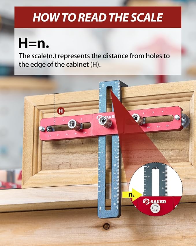 Saker Cabinet Hardware Doweling Jig - Cabinet Handle Template Tool for Knobs and Pull - Adjustable Self Centering Punch Locator Precise Woodworking Drill Guide (6.5" Jig Saw)