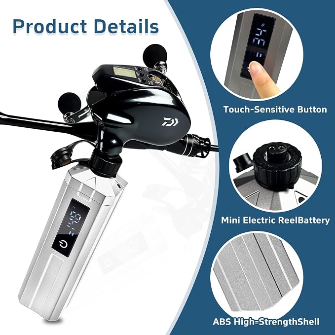 Super Mini Electric Fishing Reel Battery. Latest Model with Digital LED Display. Compatible with Daiwa & Shimano Electric reels.