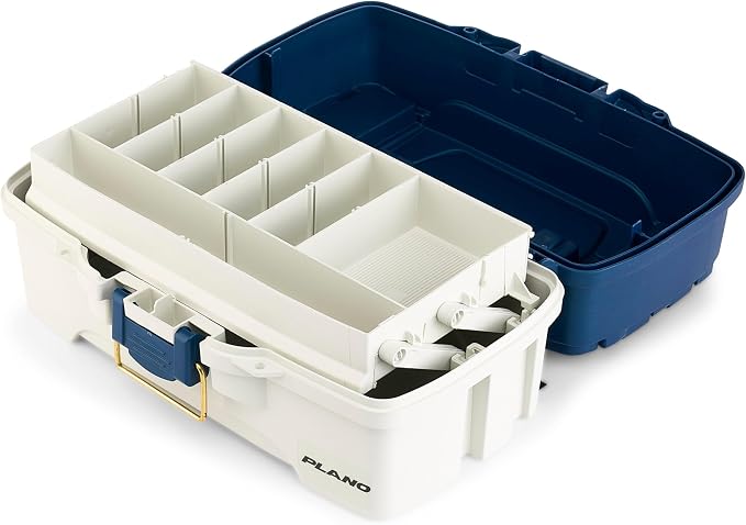Plano One-Tray Tackle Box, Blue/White, Rust-Proof Brass Latch, Top-Access Tray with Deep Storage, Made in the USA, Portable Fishing Gear Storage Organizer