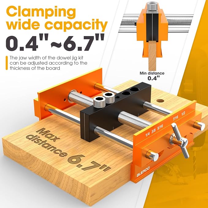 BLEKOO Upgraded 6.7 inch Self Centering Doweling Jig Kit, Drill Jig For Straight Holes Biscuit Joiner Set With 6 Drill Guide Bushings, Adjustable Width Drilling Guide Power Tool Accessory Jig (Orange)