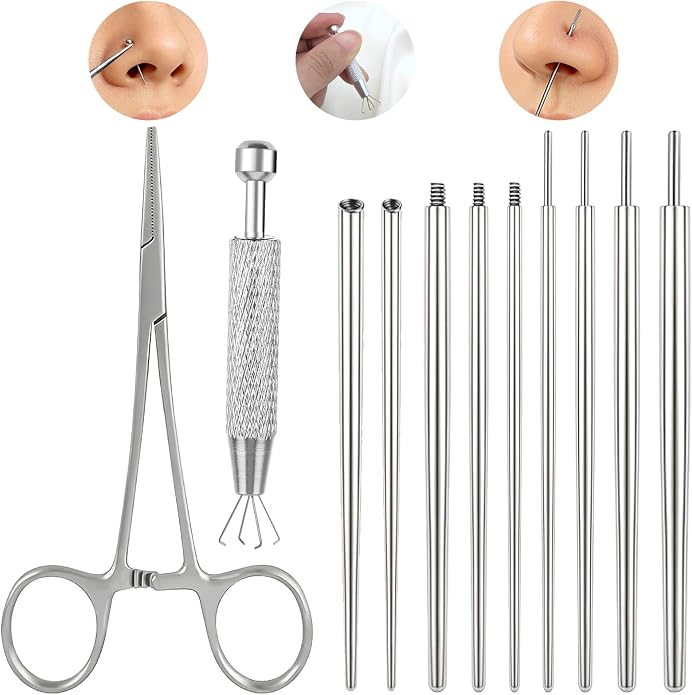 14G 16G 18G 20G Piercing Taper Piercing Ball Grabber Tool Stainless Steel Flat Back Earring Applicator Tool Threadless Insertion Pin Curved Body Piercing Kit for Ear/Nose/Navel/Lip/Eyebrow