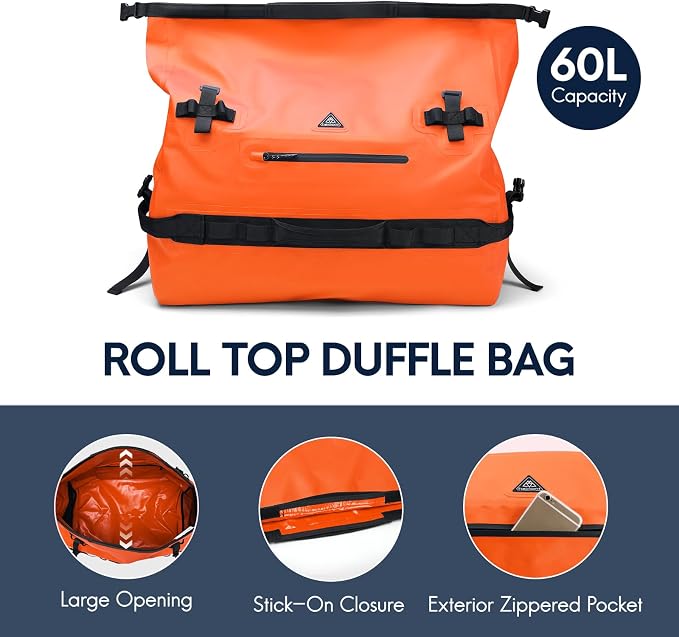 Haimont IPX7 Waterproof Roll-Top Dry Duffel Backpack | 60L/90L Sizes, 500D Tarpaulin, Welded Seams, Mesh Pockets, Boating & Kayaking