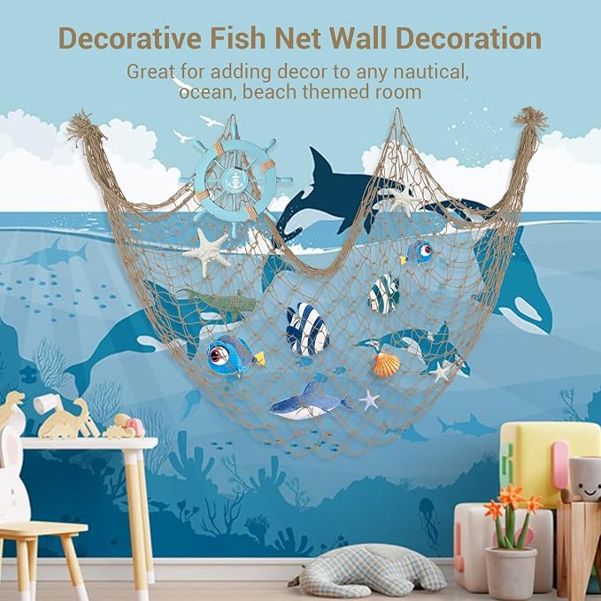10x5 Feet X-Large Fishing Net Decor for Party - 2 Pack Brown Fish Net Decorations Under The Sea Hawaiian Pirate Beach Party Decorations, 3mm Cotton Fishnet Ocean Nautical Themed Wall Table Decor