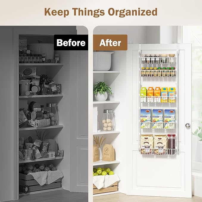 Delamu Over The Door Pantry Organizer, 5-Tier Pantry Door Organizers and Storage with Adjustable Basket, Metal Hanging Spice Rack, Seasoning Organizer, Door Organizer for Home Kitchen Bathroom, White