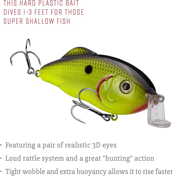 Strike King Hybrid Hunter Shallow Jr. Fishing Lure, Shallow Diving Crankbait, 90-Degree Bill, 3D Eyes, Loud Rattle, Dives 1 to 3-Feet,Size 4 & 6 Treble Hooks