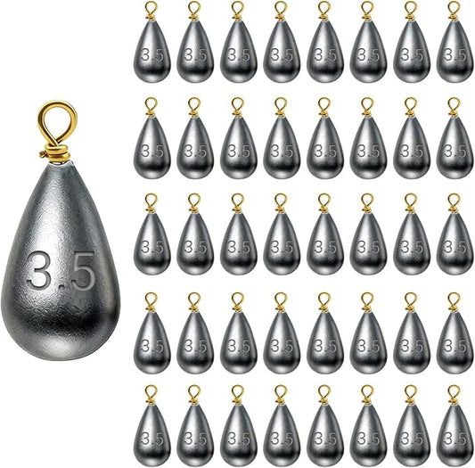 Casting Sinker Weights Assortment, Teardrop Fishing Sinkers with Brass Swivel Loops, 1/8 oz to 3/4 oz, Drop Shot Weights for Bass Catfish, Freshwater Saltwater