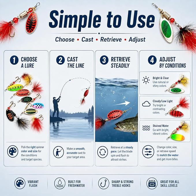 Fishing Spinner Lures Kit 10/15/16/20PCS, Inline Spinner Baits with Treble Hooks and Feather Tails, Metal Fishing Lures for Trout Bass Salmon Panfish, Multi-Color Freshwater Fishing Tackle Set