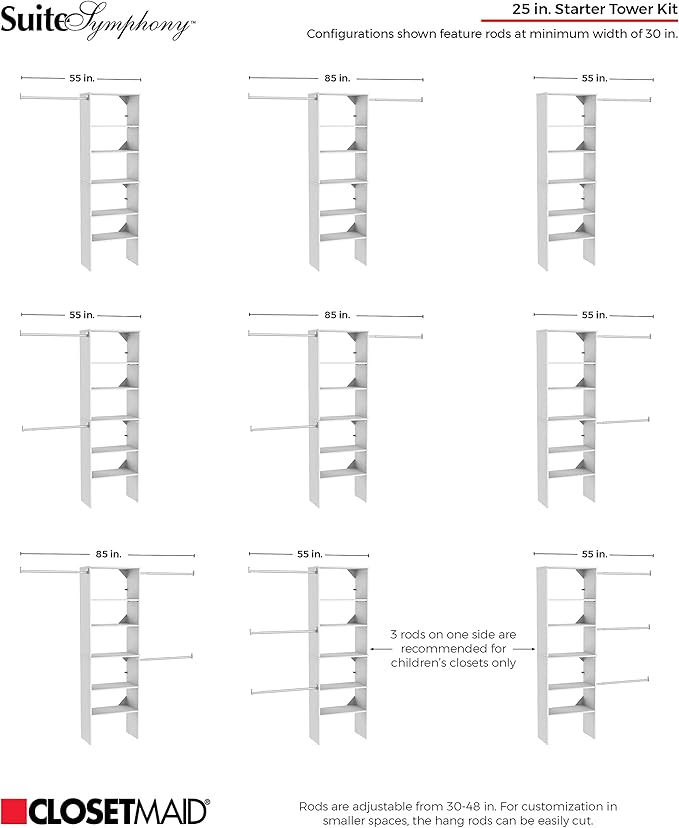ClosetMaid SuiteSymphony Wood Closet Organizer Starter Kit with Tower and 3 Hang Rods, Shelves, Adjustable, Fits Spaces 5 – 10 ft. Wide, Pure White