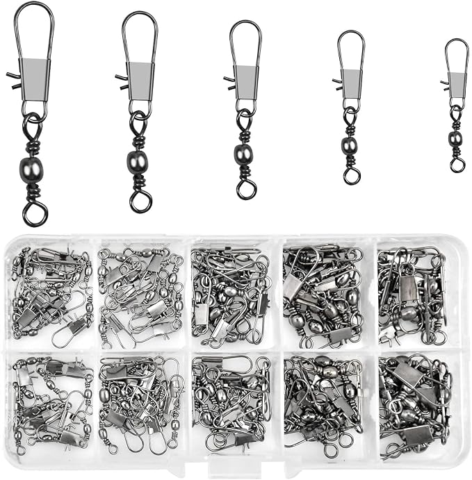 Realure 125 Pcs Barrel Snap Swivel Fishing Rolling Ball Bearing Swivels with Safety Snap 7# 8# 10# 12# 14# Quick Change Fishing Connector with Ball Bearing Swivels Snaps for Connecting Hooks & Lures