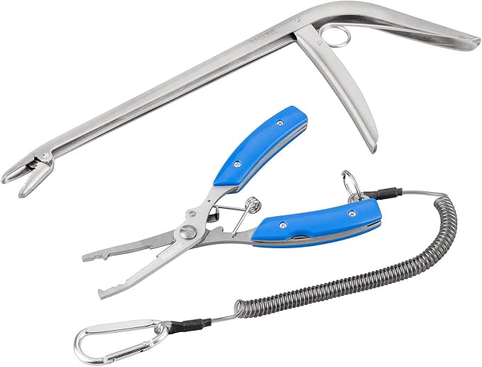 BASUNE Fishing Pliers and Fish Hook Remover with Line Cutter, Curved Nose Hook Remover Tackle Tool with Nylon Sheath and Fishing Gear Set (Blue)