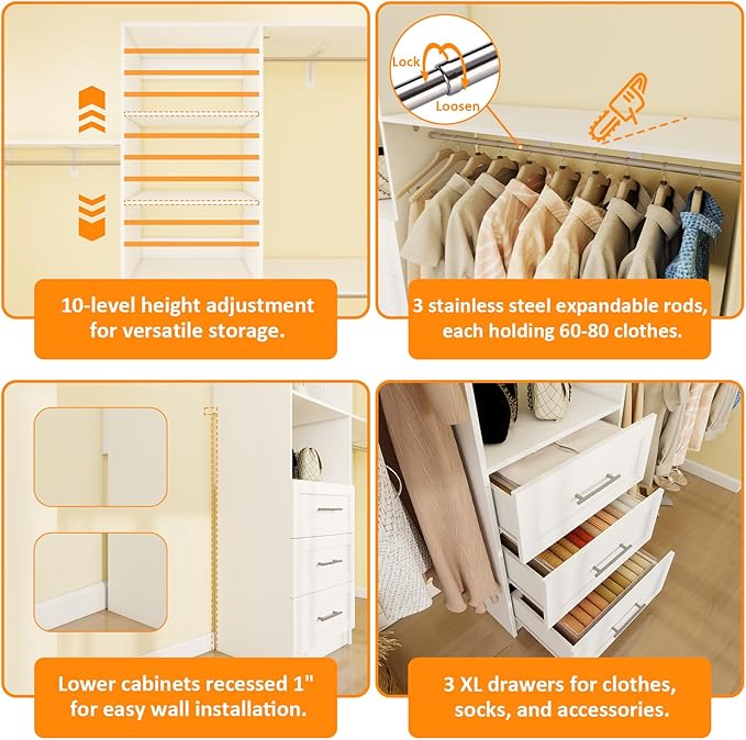 Closet System with Drawers, 5FT-8FT Closet Organizer System with Shelves & Adjustable Hanging Rods, 96" Walk in Closet System Storage Wood, White